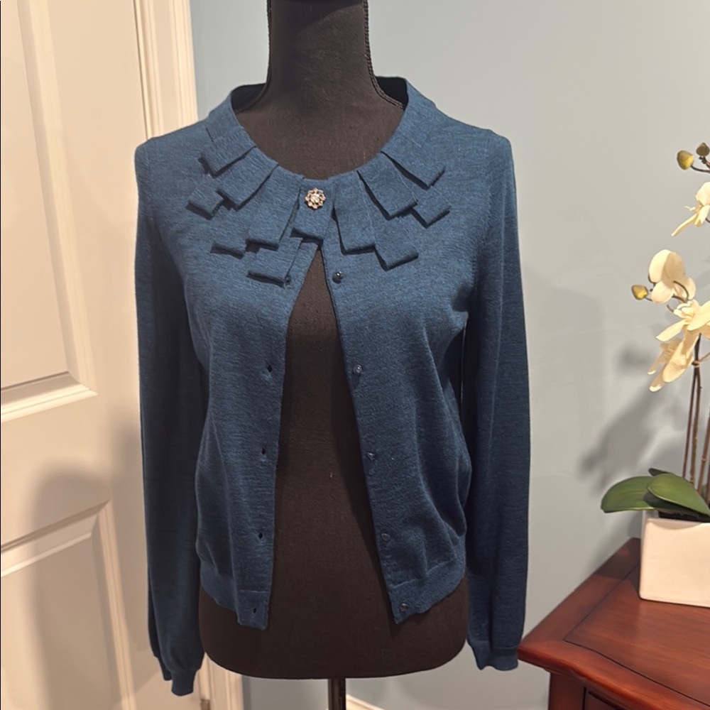 Ann Taylor Blue Cropped Cardigan with Scalloped Neckline